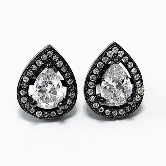 Halo Pear Silver Stud Earrings - Picture 7 of 10